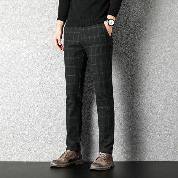 Casual pants for men in autumn and winter Business trend for middle-aged and young people Plaid brushed trousers Straight tube loose pants for men 