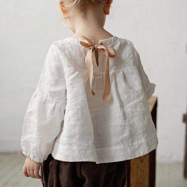 Girls' Top Autumn New Cute Foreign Fashionable Baby Doll Shirt Sen Cotton Linen Long Sleeve T-shirt Children's Wear 