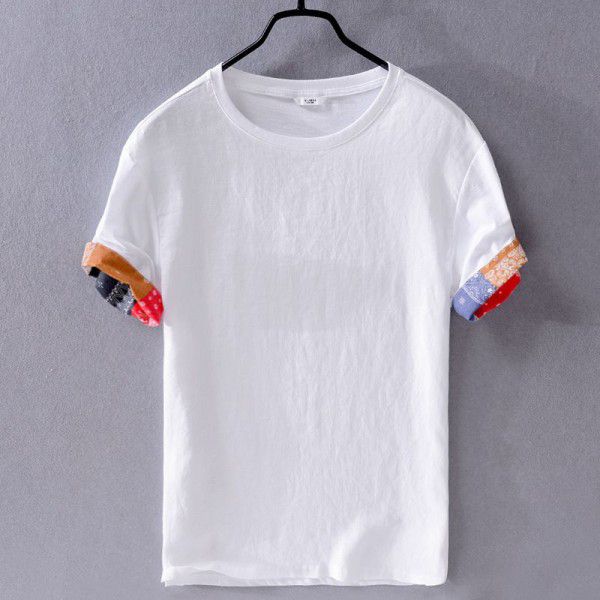 Men's casual linen short sleeved shirt White loose beach trendy men's patchwork cotton linen shirt T-shirt 