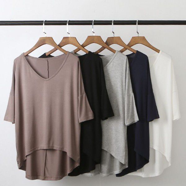 Spring and summer new Modal bat sleeve medium sleeve t-shirt women's casual Korean V-neck solid color large half sleeve bottom shirt 