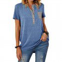 European and American women's T-shirt, new summer pocket, single breasted loose casual short sleeved top for women