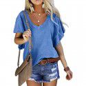 New Solid Ruffle Sleeve Loose V-neck Short Sleeve Top T-shirt Women 