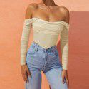 European and American women's clothing, popular autumn and winter styles, mesh fishbone perspective, one line collar, exposed navel, short T-shirt, top, female