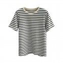 Inside with velvet/plush matte striped round neck short sleeved T-shirt for women's spring loose beige apricot stripe bottom top 