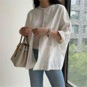 Loose ice silk cotton and hemp top Spring and summer new vintage large color contrast simple cotton and hemp T-shirt female 