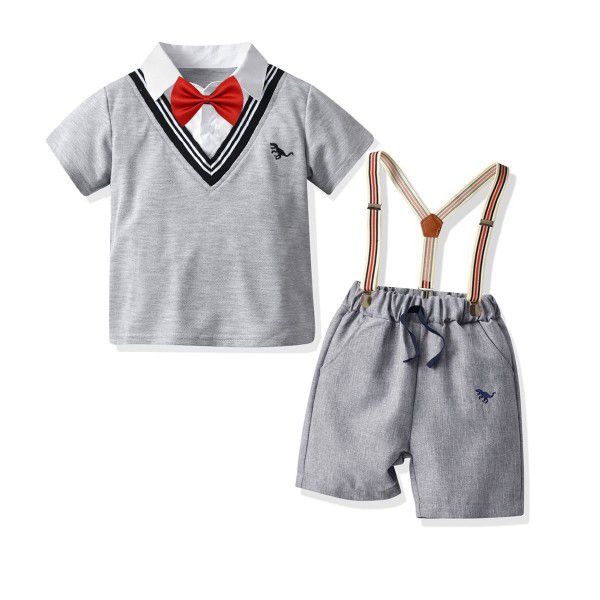 Children's Set Summer Boys' Grey Fake Two Piece T-shirt Short Sleeve Embroidered Dinosaur Shorts Strap Tie Gentleman's Wear