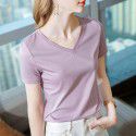 Ice feeling mercerized cotton short-sleeved t-shirt women's new style women's temperament v-neck pure cotton t-shirt pure color high-grade top 