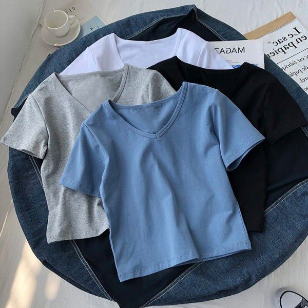 High waisted short top V-neck short sleeved T-shirt Women's summer clothing trendy Hong Kong style chic half sleeved solid color T-shirt