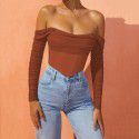 European and American women's clothing, popular autumn and winter styles, mesh fishbone perspective, one line collar, exposed navel, short T-shirt, top, female