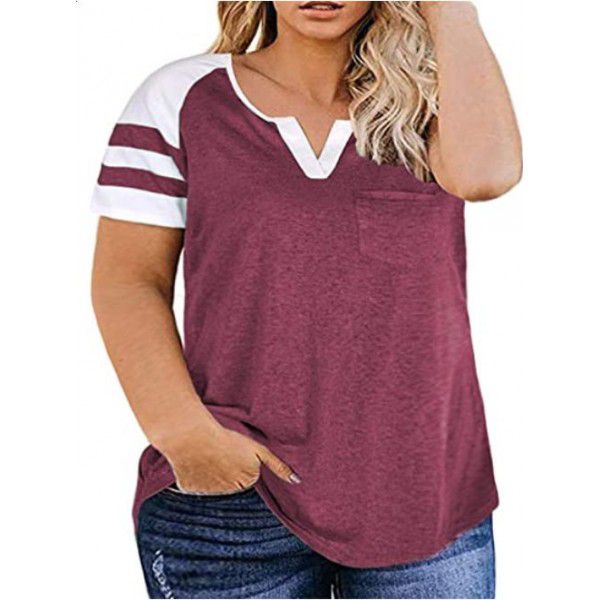 New Women's Plus Size Top Summer V-neck Raglan Sleeve T-shirt Pocket Style