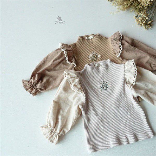 Girls' Westernized Embroidery Flower Small Filigree Bottom Top Small and Medium Girls' Knitted T-shirt ins 