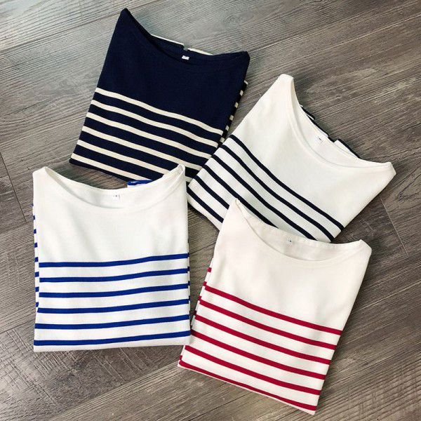 New coarse cotton striped T-shirt for women with long sleeved tops and autumn bottoms for women with loose spring and autumn bottoms for women