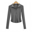 Korean basic slim zipper lapel net long-sleeved T-shirt top for women 