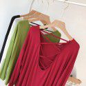 Modal sexy backless long-sleeved T-shirt women's loose large Korean autumn dress solid color draping lazy dance dress 