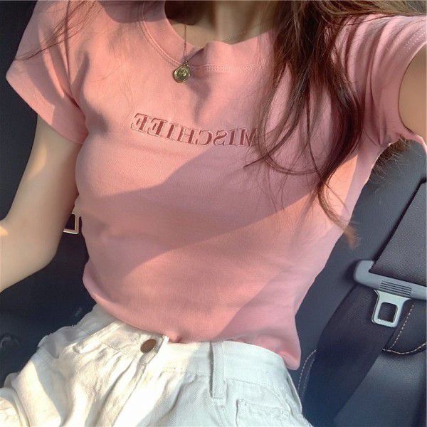 Letter Embroidery Summer Dress South Korea New Short Sleeve T-shirt Women's Slim Fit Student Clothing Women's Top Women's Wear