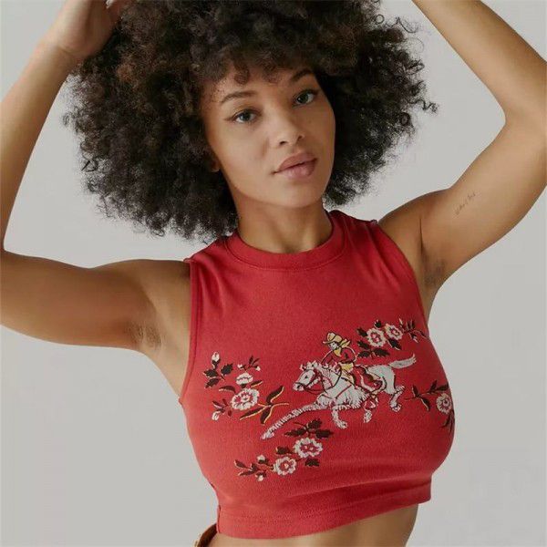 Spring New Big Red Print Back Hollow High Elastic Small Tank Top T-shirt for Women