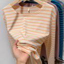 Cotton loose striped bottom shirt for women with spring and autumn Korean design sense long-sleeved T-shirt round neck versatile top 