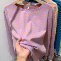 Cotton loose striped bottom shirt for women with spring and autumn Korean design sense long-sleeved T-shirt round neck versatile top 