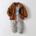 Boys' tweed coat gray rocket long sleeve T-shirt pants for small and medium-sized children 3-piece set 