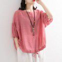 Loose casual T-shirt Women's Bat Shirt Drawcord Round Neck Medium Sleeve Imitation Cotton Linen Shirt Top Summer 