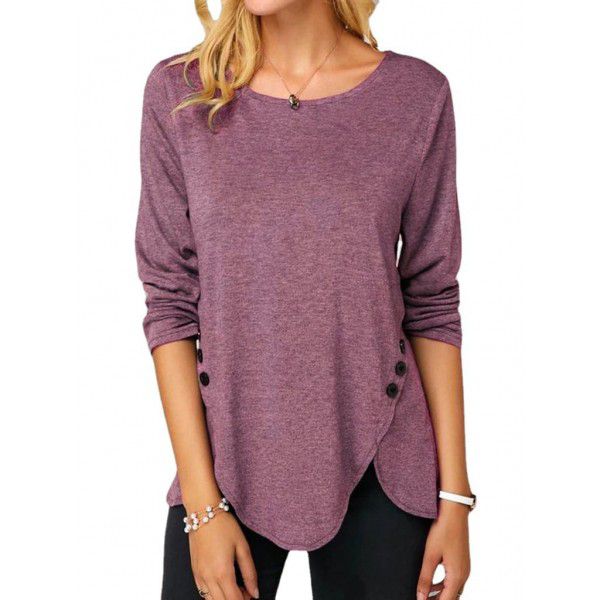 Spring/Summer Hot Style Irregular Button Hem Long Sleeve Crew Neck T-shirt 