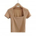 Low cut square neck, slim fit, open navel, short T-shirt, women's summer new elastic, slim fit, solid color, short sleeve top, fashion 