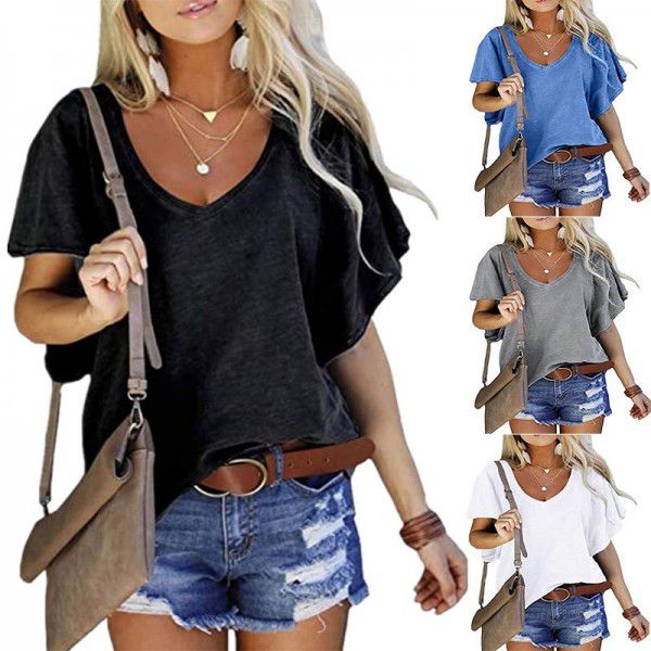 New Solid Ruffle Sleeve Loose V-neck Short Sleeve Top T-shirt Women 