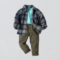 Boys' plaid shirt outerwear knitted T-shirt corduroy pants 3-piece set for children 