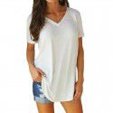 European and American summer women's V-neck short sleeve loose fitting T-shirt with circular arc at the hem Large solid color top Women 