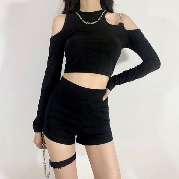 Street Fashion Summer New Product Women's Dress Slim Fit Sexy Off Shoulder Long Sleeve Round Neck Short T-shirt Women