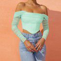 European and American women's clothing, popular autumn and winter styles, mesh fishbone perspective, one line collar, exposed navel, short T-shirt, top, female