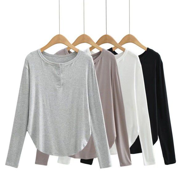 Spring and Summer New Women's Curved Bottom Access Control Three Button Round Neck Long Sleeve Loose Casual Long T-shirt Top