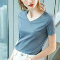 Ice feeling mercerized cotton short-sleeved t-shirt women's new style women's temperament v-neck pure cotton t-shirt pure color high-grade top 