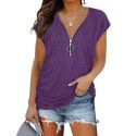 European and American women's new chest zipper pleated casual short sleeved T-shirt women's top