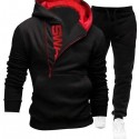 New Men's Hooded Oblique Zipper Print Cover Two Piece Sweater Pants Outer Set 