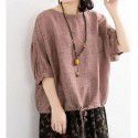 Loose casual T-shirt Women's Bat Shirt Drawcord Round Neck Medium Sleeve Imitation Cotton Linen Shirt Top Summer 