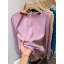 Cotton loose striped bottom shirt for women with spring and autumn Korean design sense long-sleeved T-shirt round neck versatile top 