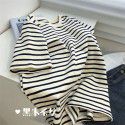 Inside with velvet/plush matte striped round neck short sleeved T-shirt for women's spring loose beige apricot stripe bottom top 