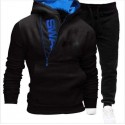 New Men's Hooded Oblique Zipper Print Cover Two Piece Sweater Pants Outer Set 