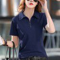 Cotton short-sleeved T-shirt women's loose belly covering top summer new style collar simple button thin half-sleeved shirt 