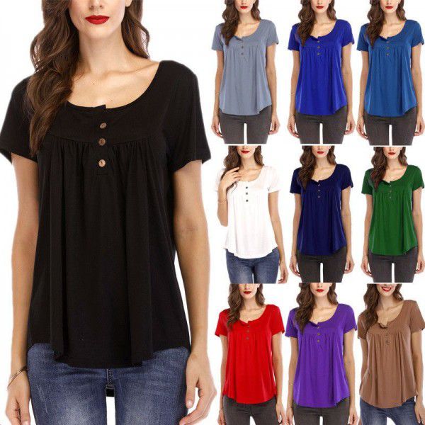 Hot summer sale pleated button loose fitting short sleeve T-shirt 