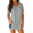 European and American summer women's V-neck short sleeve loose fitting T-shirt with circular arc at the hem Large solid color top Women 