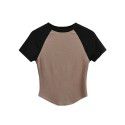 Retro panel contrast hem irregular versatile top summer basic round neck slim short t-shirt women 