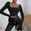 Spot Spring/Summer New Slim Fit Long Sleeve Square Neck Pullover Knitted Top T-shirt for Women