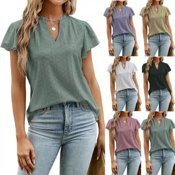 Spring/Summer Loose Solid V-Neck Ruffle Sleeve Jacquard T-shirt Women's Top