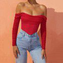 European and American women's clothing, popular autumn and winter styles, mesh fishbone perspective, one line collar, exposed navel, short T-shirt, top, female