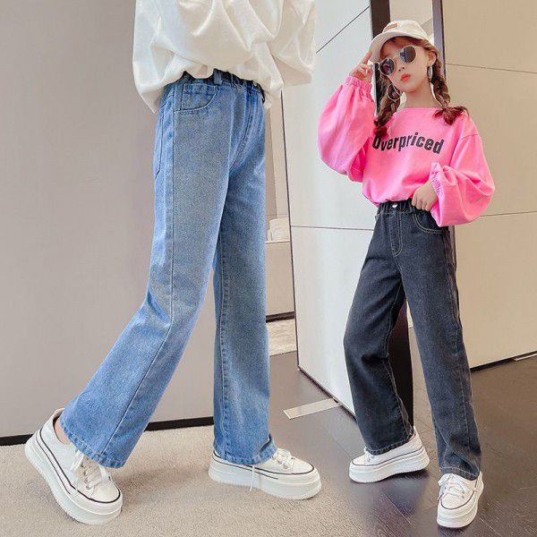 Girls' Denim Wide Leg Pants Spring and Autumn Outwear Fashionable New Medium and Large Children's Loose Pants Children's Pants 