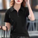 Cotton short-sleeved T-shirt women's loose belly covering top summer new style collar simple button thin half-sleeved shirt 