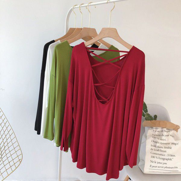 Modal sexy backless long-sleeved T-shirt women's loose large Korean autumn dress solid color draping lazy dance dress 