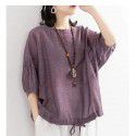 Loose casual T-shirt Women's Bat Shirt Drawcord Round Neck Medium Sleeve Imitation Cotton Linen Shirt Top Summer 